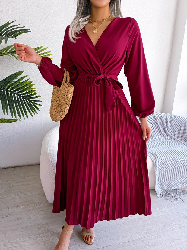WW - Damen V-Ausschnitt Plissiertes Maxikleid Langarm
