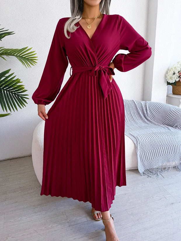 WW - Damen V-Ausschnitt Plissiertes Maxikleid Langarm
