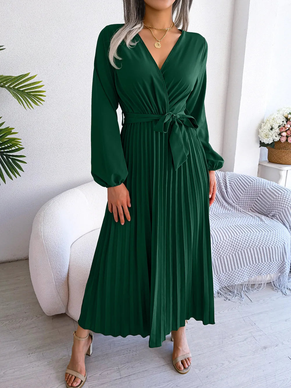 WW - Damen V-Ausschnitt Plissiertes Maxikleid Langarm