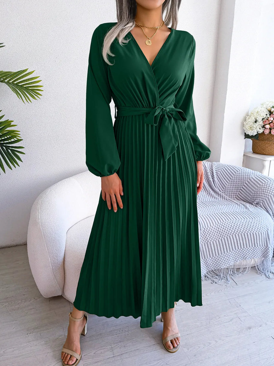 WW - Damen V-Ausschnitt Plissiertes Maxikleid Langarm