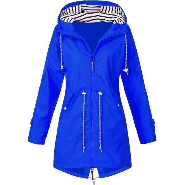 WW - Damen wasserdichter Hoodie-Trenchcoat mit Taillenkordelzug, Reißverschluss und Außentaschen