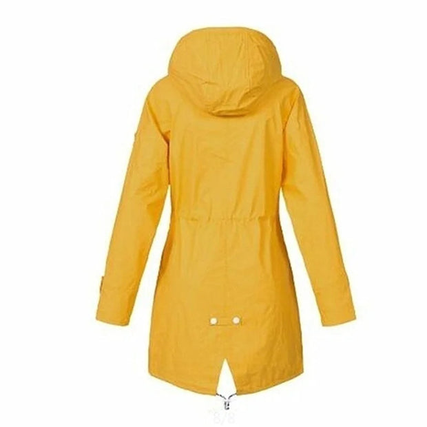 WW - Damen wasserdichter Hoodie-Trenchcoat mit Taillenkordelzug, Reißverschluss und Außentaschen