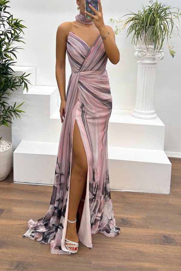 WW | In A Dreamland Chiffon Floral Print Off Shoulder Pleated Scarf Slit Maxi Kleid