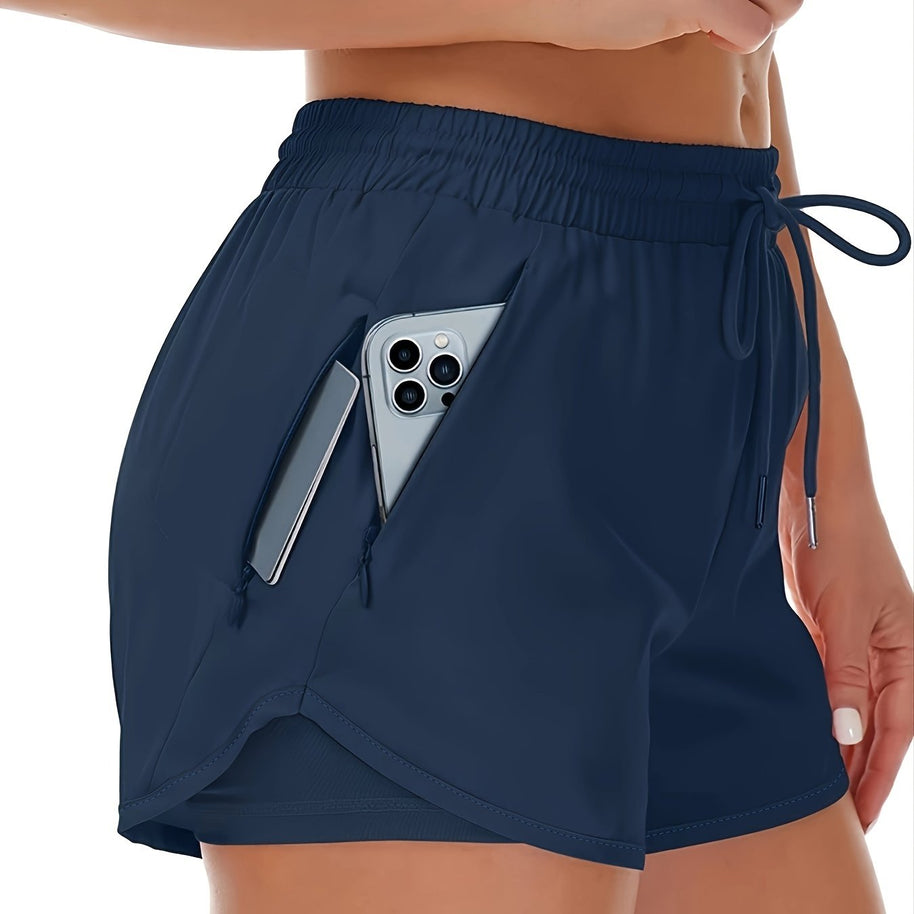 WW | Sportliche 2 in 1 Lauf Fitnessshorts in Einfarbig Mit Mehreren Taschen