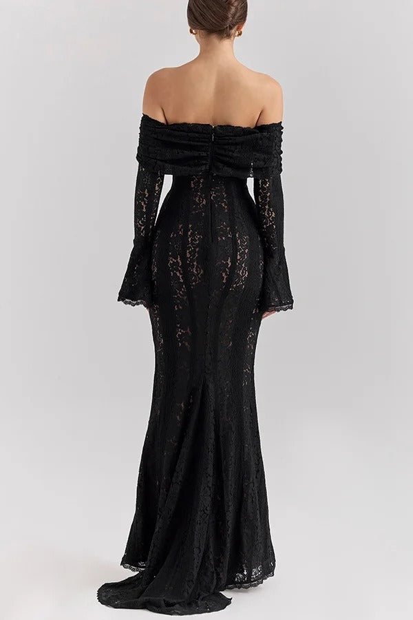WW | Blumen Spitze Off Shoulder Flare Ärmel Fishtail Maxi Kleider - Weiß