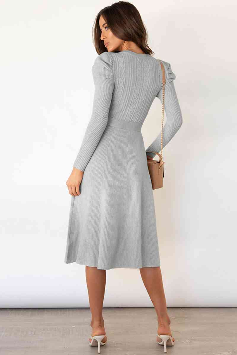 WW | Rundhalsausschnitt Langarm Knoten Taille Pullover Kleid