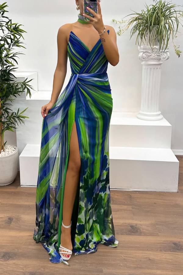 WW | In A Dreamland Chiffon Floral Print Off Shoulder Pleated Scarf Slit Maxi Kleid