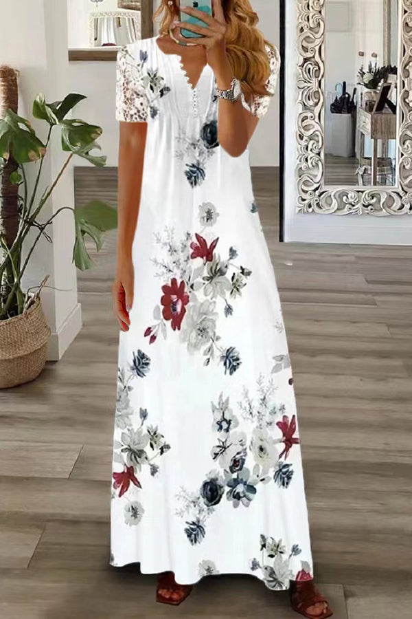 WW | Boho Floral V-Ausschnitt Knopf Spitzenärmel Ferien Strand Maxikleid