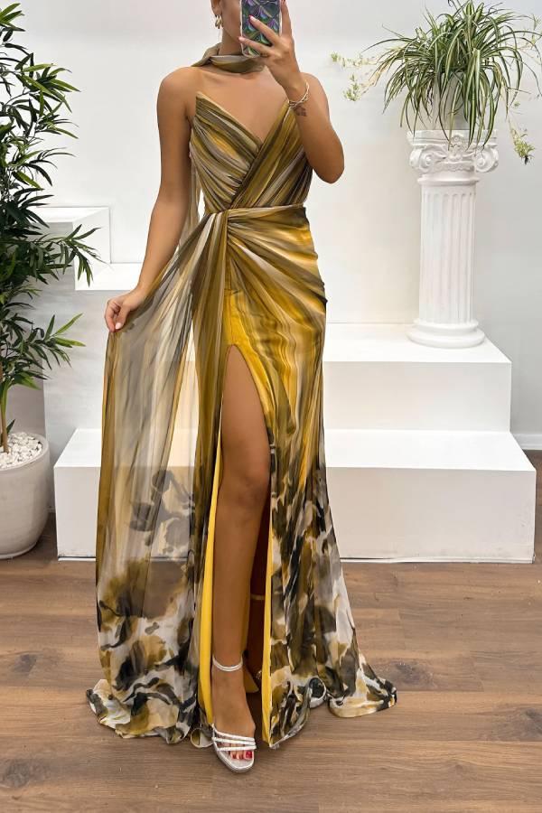 WW | In A Dreamland Chiffon Floral Print Off Shoulder Pleated Scarf Slit Maxi Kleid