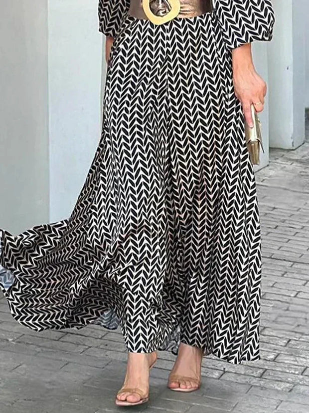 WW Maxi-Kleid | Elegantes modernes Damenkleid in A-Linie mit langen Ärmeln und Gürtel