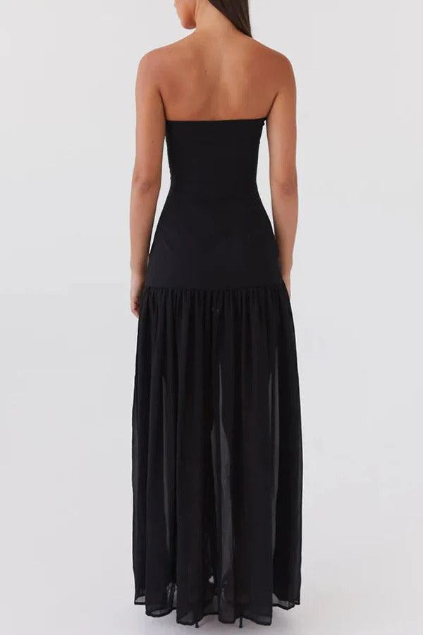 WW | Eden Patchwork Semi-Transparent Chiffon Strapless Maxi-Kleid