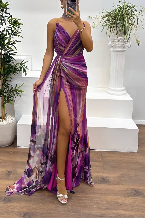 WW | In A Dreamland Chiffon Floral Print Off Shoulder Pleated Scarf Slit Maxi Kleid