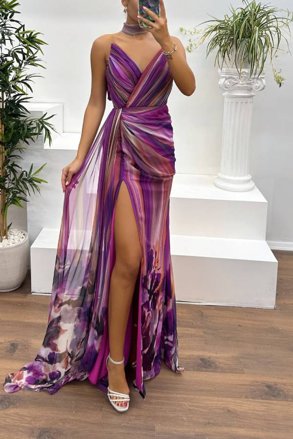 WW | In A Dreamland Chiffon Floral Print Off Shoulder Pleated Scarf Slit Maxi Kleid