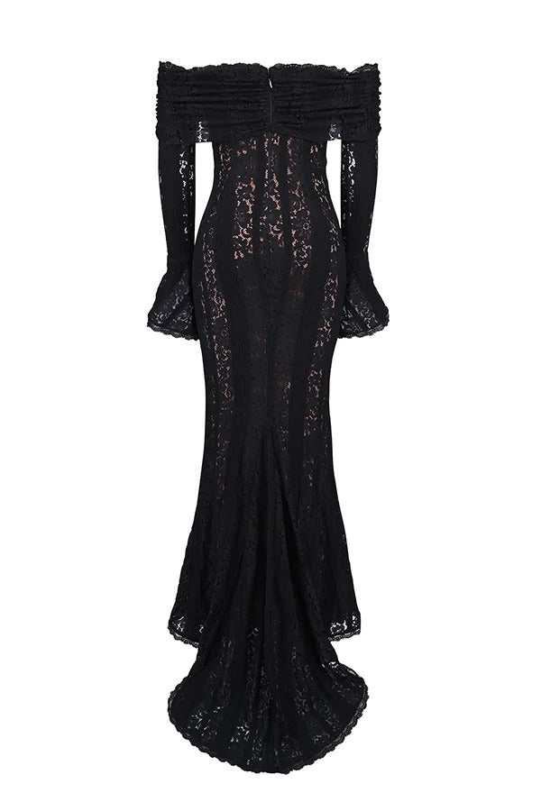 WW | Blumen Spitze Off Shoulder Flare Ärmel Fishtail Maxi Kleider - Weiß