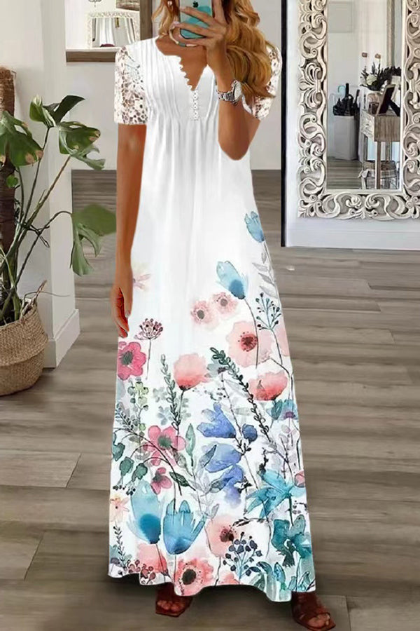WW | Boho Floral V-Ausschnitt Knopf Spitzenärmel Ferien Strand Maxikleid