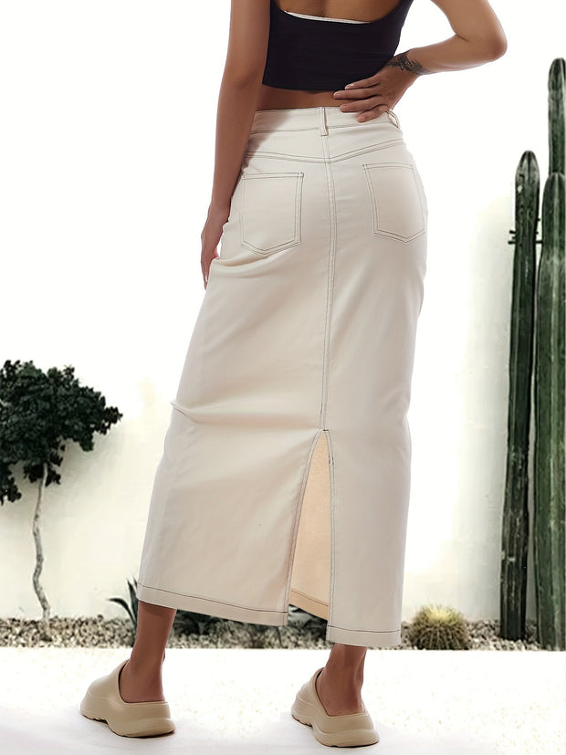 WW | Einfarbiger Weißer Schlitz Hinten Lässig Maxi Denim Rock