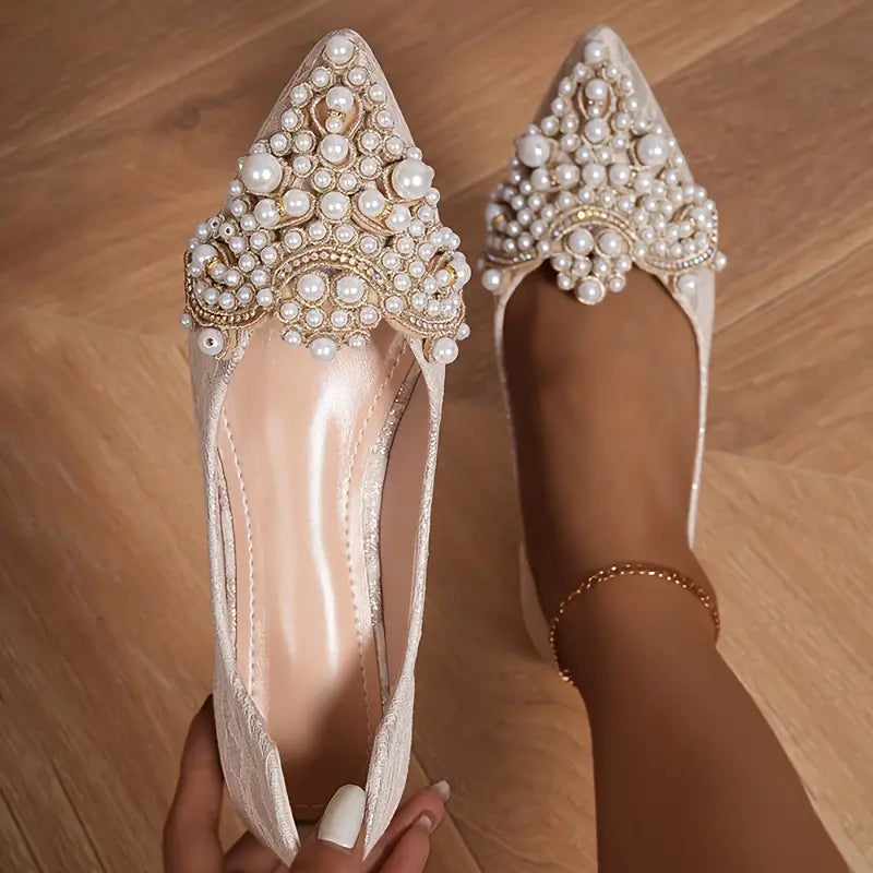 WW | Elegante Braut Ballerinas mit Spitze und Kunstperlen