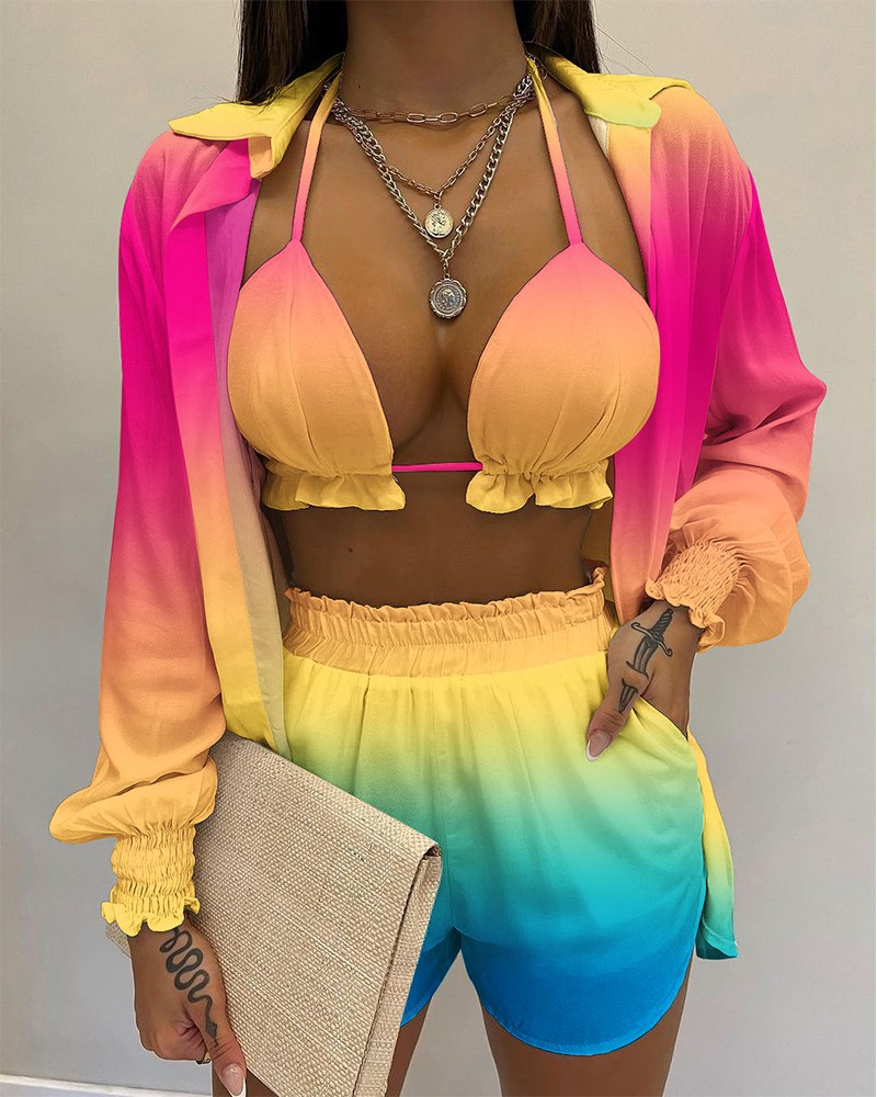 WW | Dreiteiliges Badeanzug Set Strickjacke Oberteil und Shorts