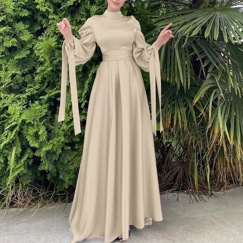 WW | Elegantes Frauen Muslimisch Islamisch Saati Grosgrain Einfarbig Maxi Kleid Mit Gürtel