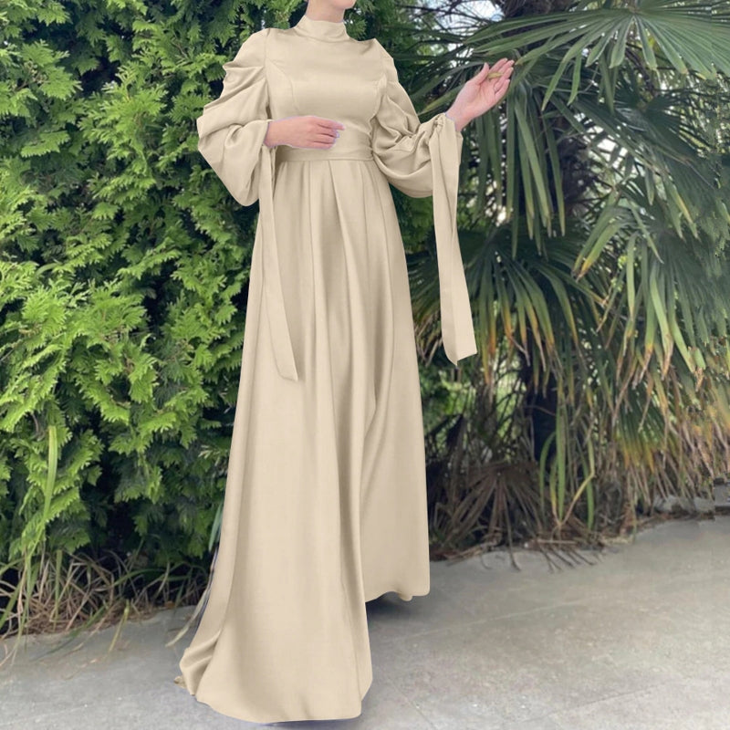 WW | Elegantes Frauen Muslimisch Islamisch Saati Grosgrain Einfarbig Maxi Kleid Mit Gürtel