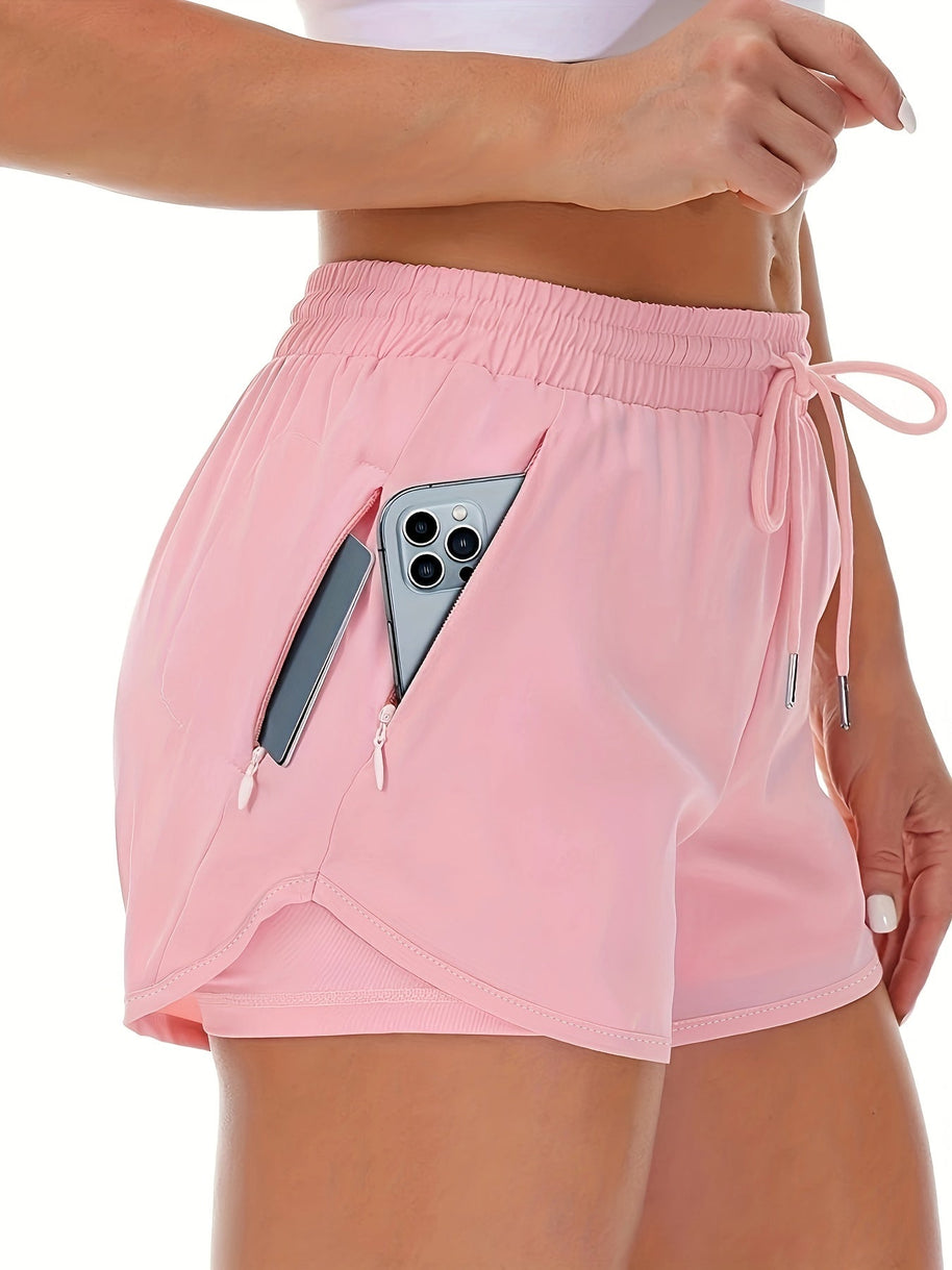 WW | Sportliche 2 in 1 Lauf Fitnessshorts in Einfarbig Mit Mehreren Taschen