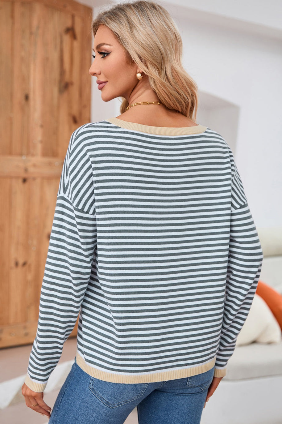 WW | Gestreiftes Rundhals-Tropfschulter-T-Shirt