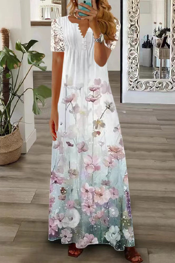 WW | Boho Floral V-Ausschnitt Knopf Spitzenärmel Ferien Strand Maxikleid