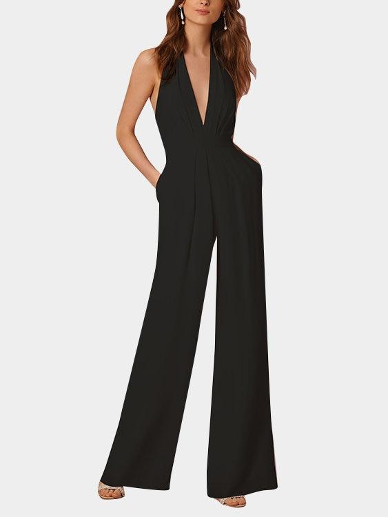 WW | Tiefer V-Ausschnitt Ärmelloser Breiter Bein Jumpsuit