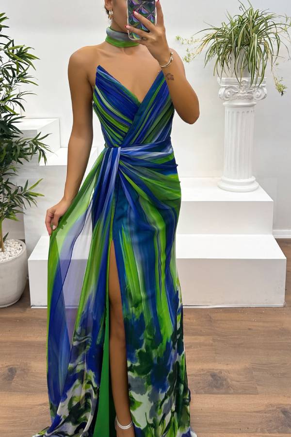 WW | In A Dreamland Chiffon Floral Print Off Shoulder Pleated Scarf Slit Maxi Kleid