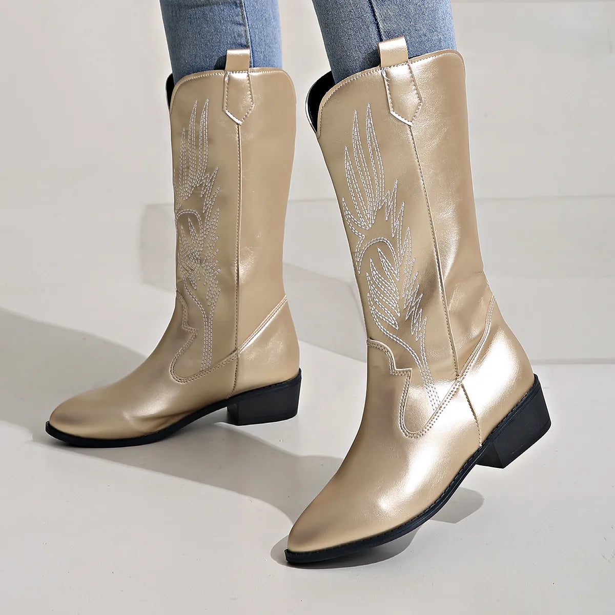 WW - PU-Leder-Cowboystiefel mit weichem Innenfutter