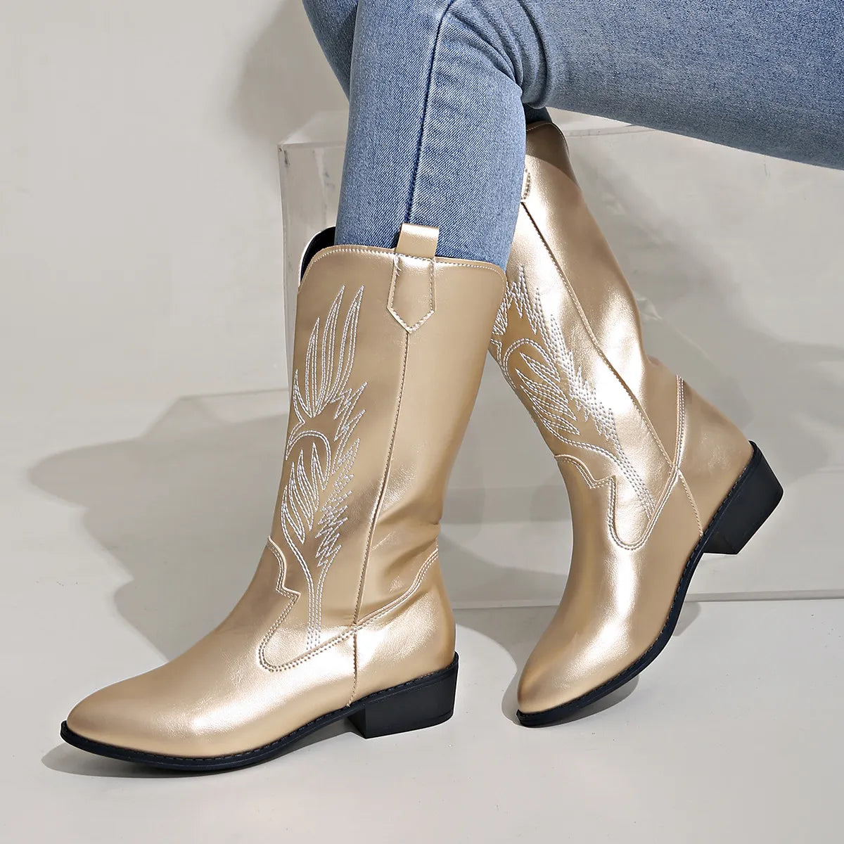 WW - PU-Leder-Cowboystiefel mit weichem Innenfutter
