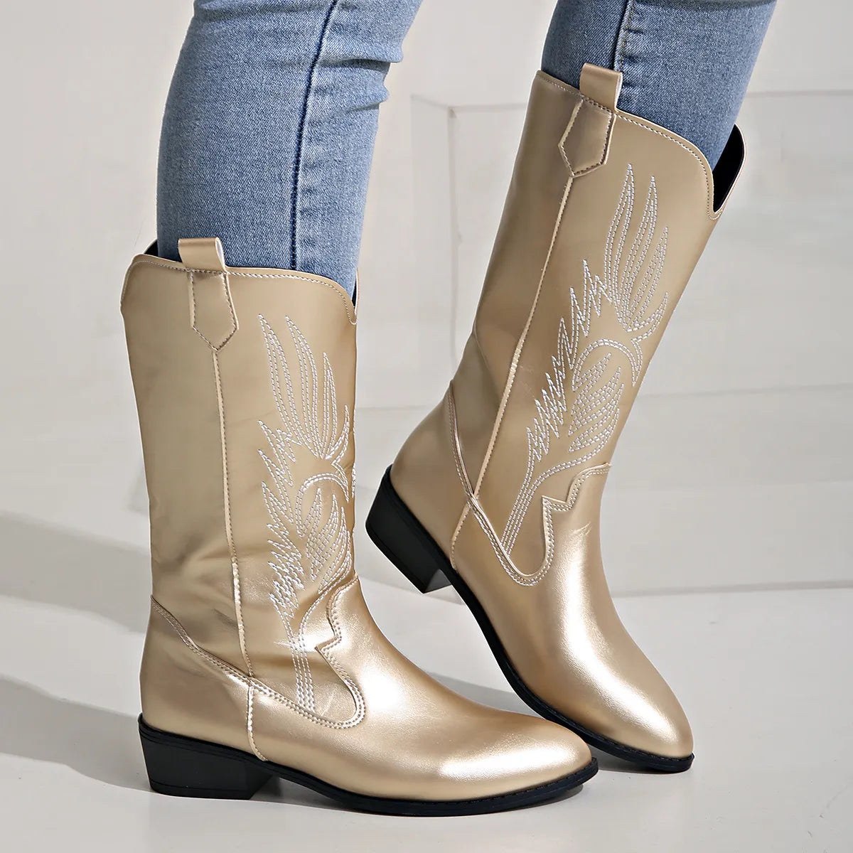 WW - PU-Leder-Cowboystiefel mit weichem Innenfutter