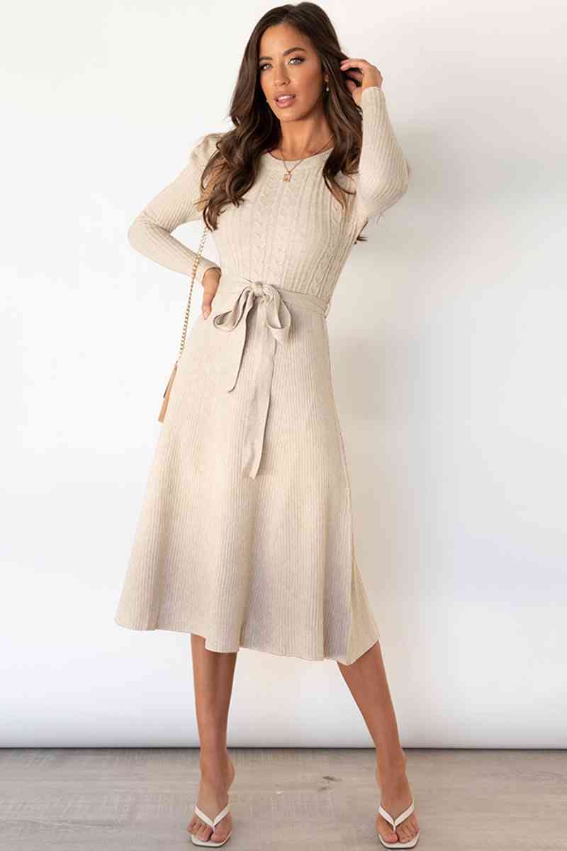 WW | Rundhalsausschnitt Langarm Knoten Taille Pullover Kleid