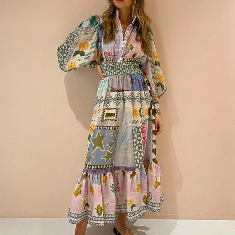 WW | Böhmisches Maxikleid mit Patchwork und Fruchtmotiven
