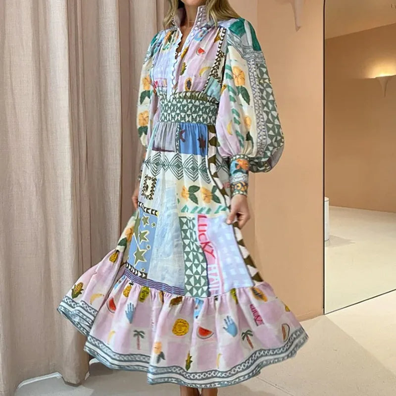 WW | Böhmisches Maxikleid mit Patchwork und Fruchtmotiven