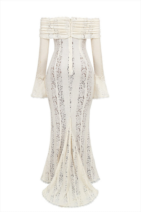WW | Blumen Spitze Off Shoulder Flare Ärmel Fishtail Maxi Kleider - Weiß