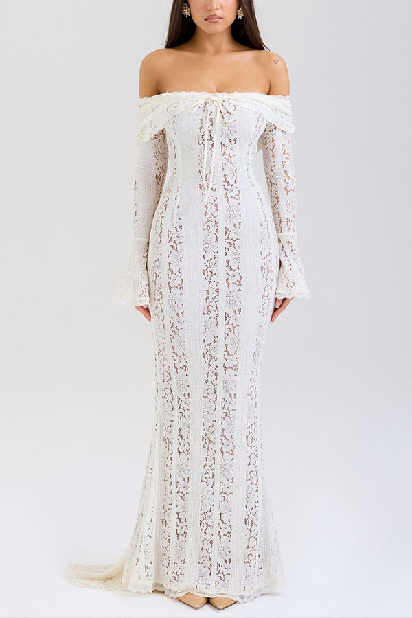 WW | Blumen Spitze Off Shoulder Flare Ärmel Fishtail Maxi Kleider - Weiß
