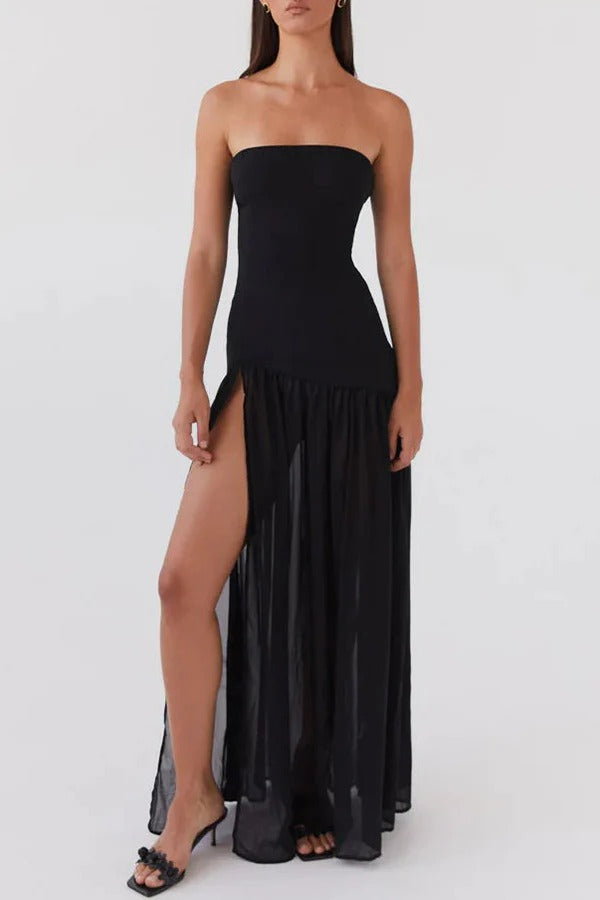 WW | Eden Patchwork Semi-Transparent Chiffon Strapless Maxi-Kleid