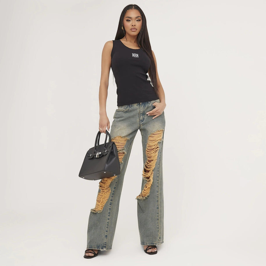 WW | Geripptes Tanktop mit zarter Stickerei