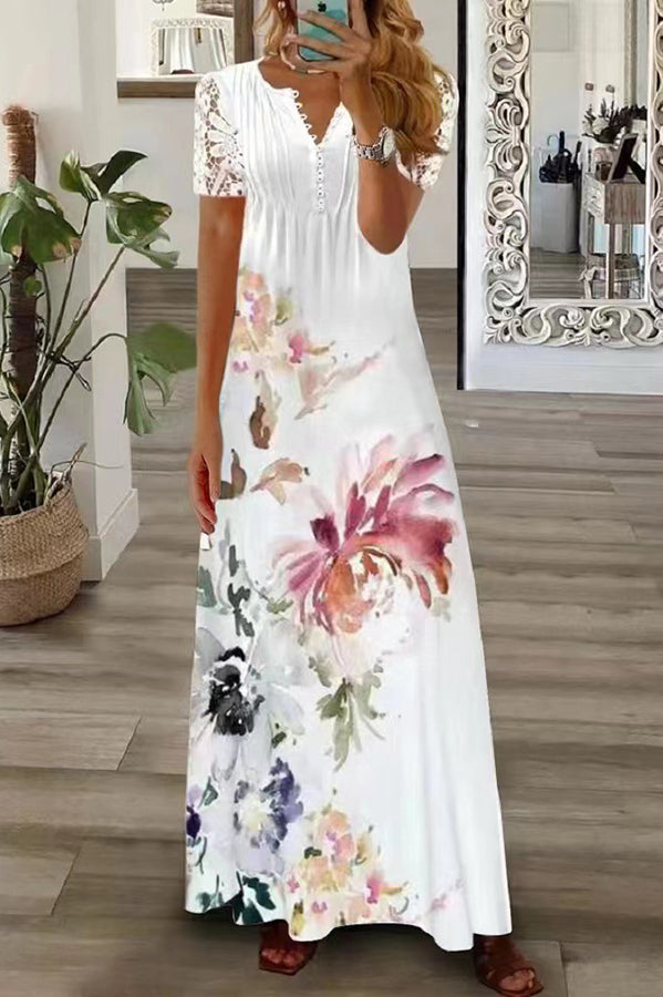 WW | Boho Floral V-Ausschnitt Knopf Spitzenärmel Ferien Strand Maxikleid