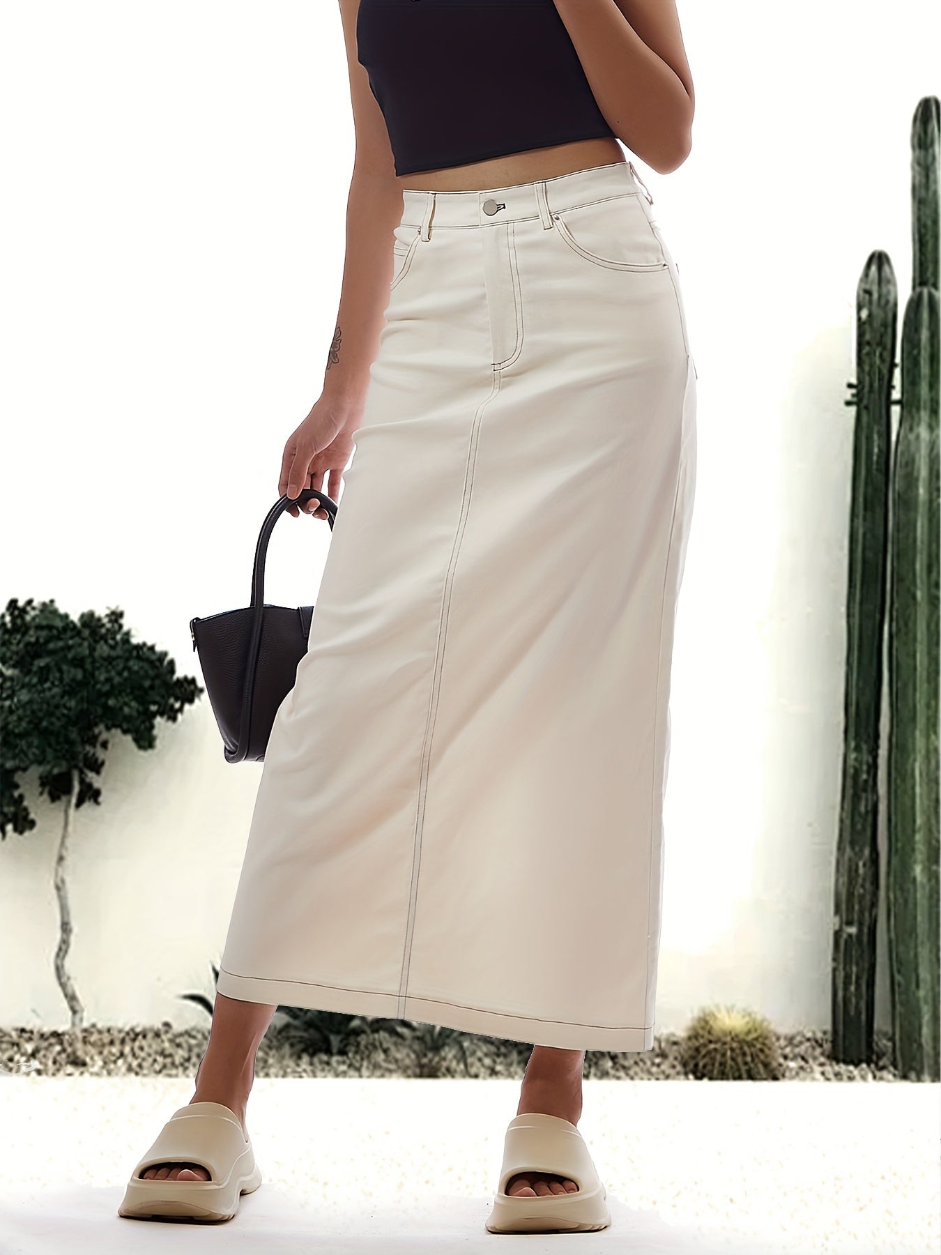 WW | Einfarbiger Weißer Schlitz Hinten Lässig Maxi Denim Rock