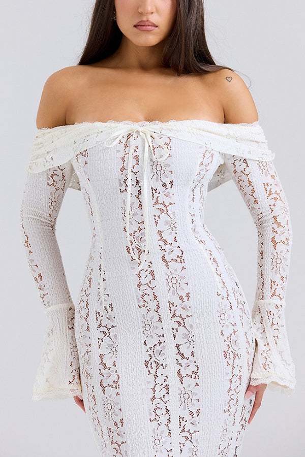 WW | Blumen Spitze Off Shoulder Flare Ärmel Fishtail Maxi Kleider - Weiß