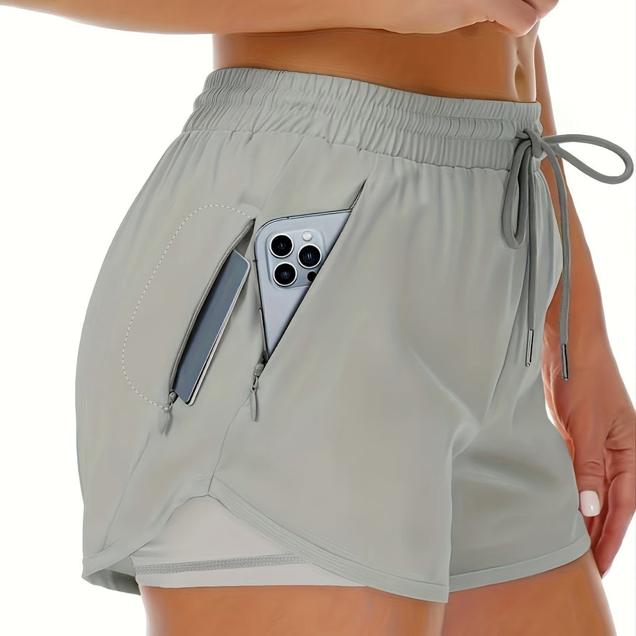 WW | Sportliche 2 in 1 Lauf Fitnessshorts in Einfarbig Mit Mehreren Taschen