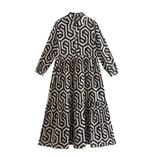 WW | Langarm Maxikleid mit Geometrischem Druck für Frauen Winsett