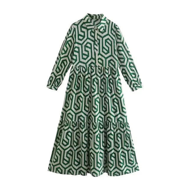 WW | Langarm Maxikleid mit Geometrischem Druck für Frauen Winsett
