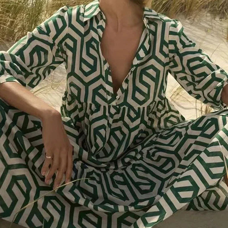 WW | Langarm Maxikleid mit Geometrischem Druck für Frauen Winsett