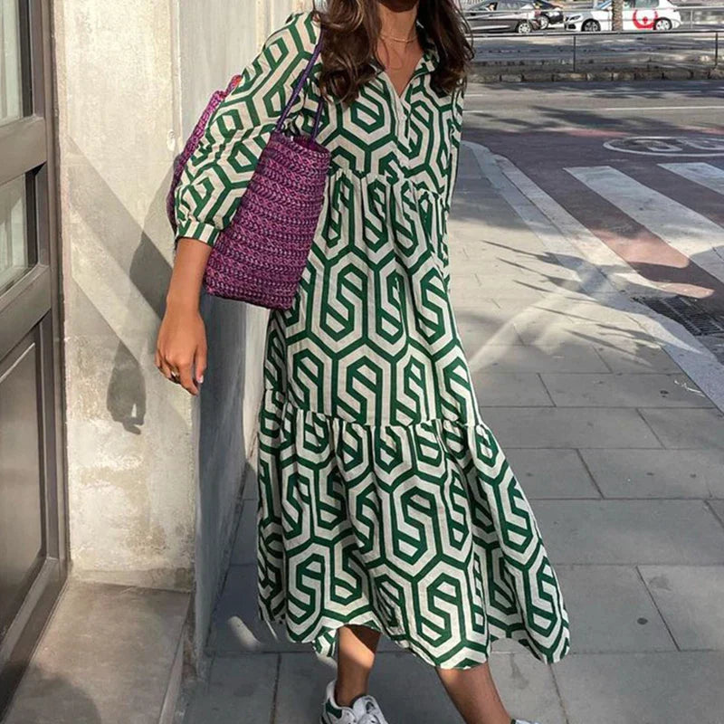 WW | Langarm Maxikleid mit Geometrischem Druck für Frauen Winsett
