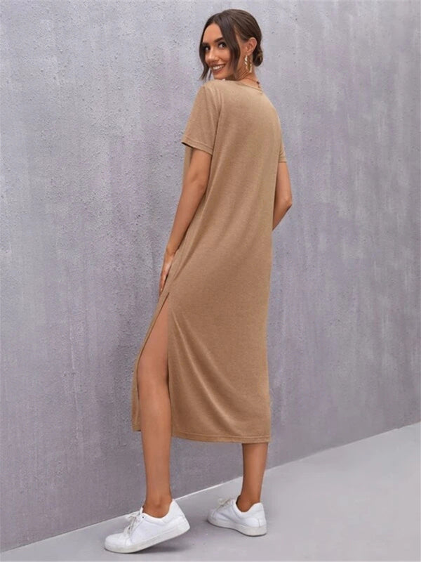 WW | Damen Strickkurzarmkleid Rundhals Schlitz Mid Rock