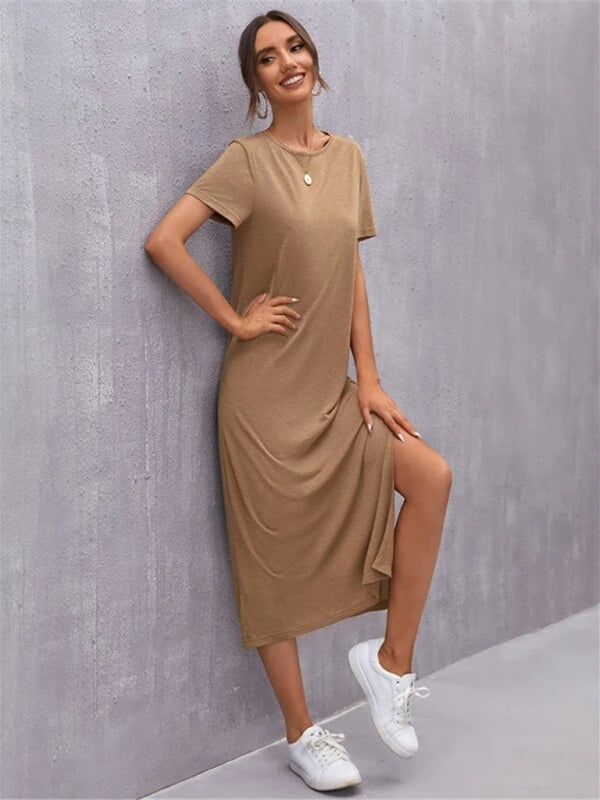 WW | Damen Strickkurzarmkleid Rundhals Schlitz Mid Rock