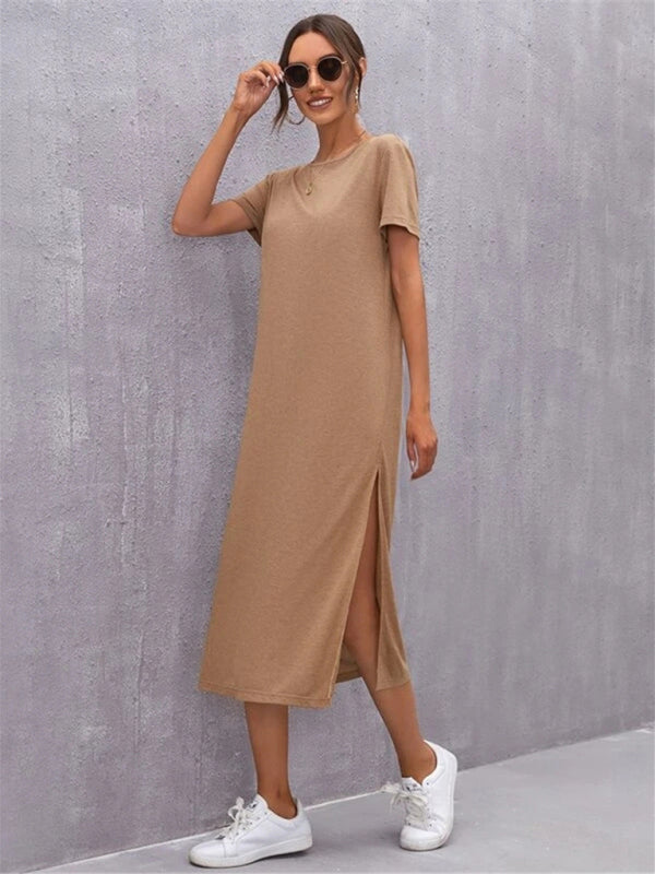 WW | Damen Strickkurzarmkleid Rundhals Schlitz Mid Rock